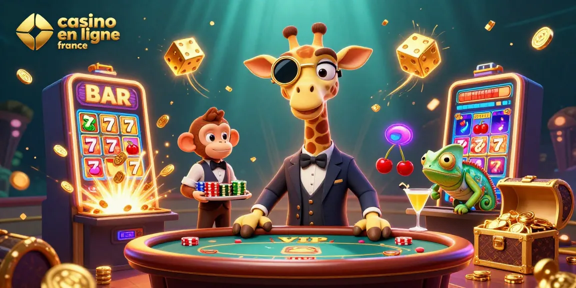 Vivez le frisson du casino en ligne en France avec des personnages animés jouant à la table de poker entourés de jackpots lumineux.
