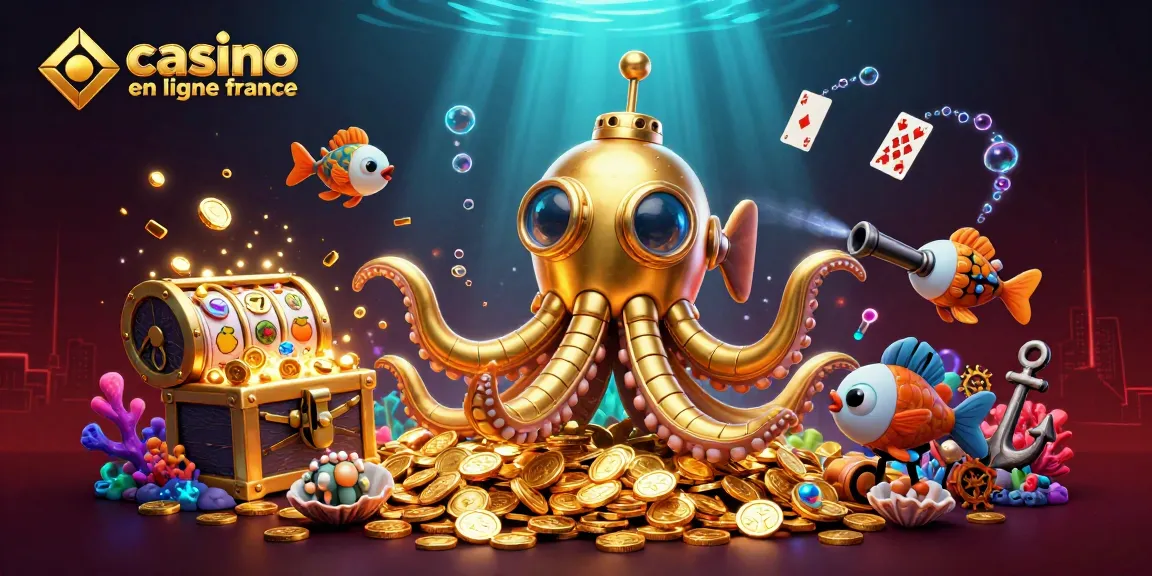 Illustration animée 3D pour casino en ligne France avec un kraken et des machines à sous.
