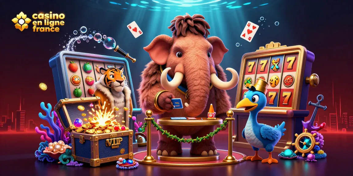 Illustration captivante sur le thème du casino en ligne France avec un mammouth gardien, un tigre VIP, et un oiseau doorman, entourés d'éléments de jeu.