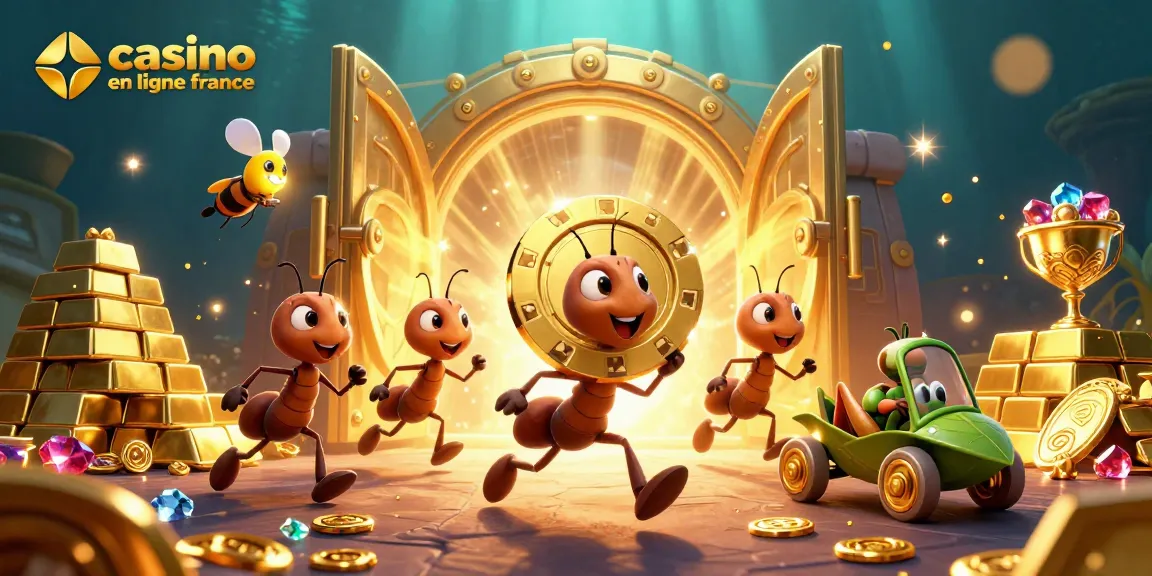 Les fourmis de la team casino en ligne France volent un jeton de poker doré dans un tunnel lumineux.