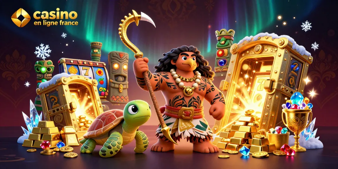 Plongez dans l'univers de casino en ligne France avec un hawaïen et une tortue, entourés de richesses scintillantes.