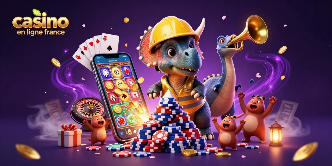 Casino en ligne France : un triceratops construit une pyramide de jetons au milieu d'une scène de célébration.