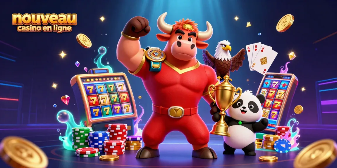 Animations captivantes d'un nouveau casino en ligne avec une mascotte taureau, un aigle et un panda.