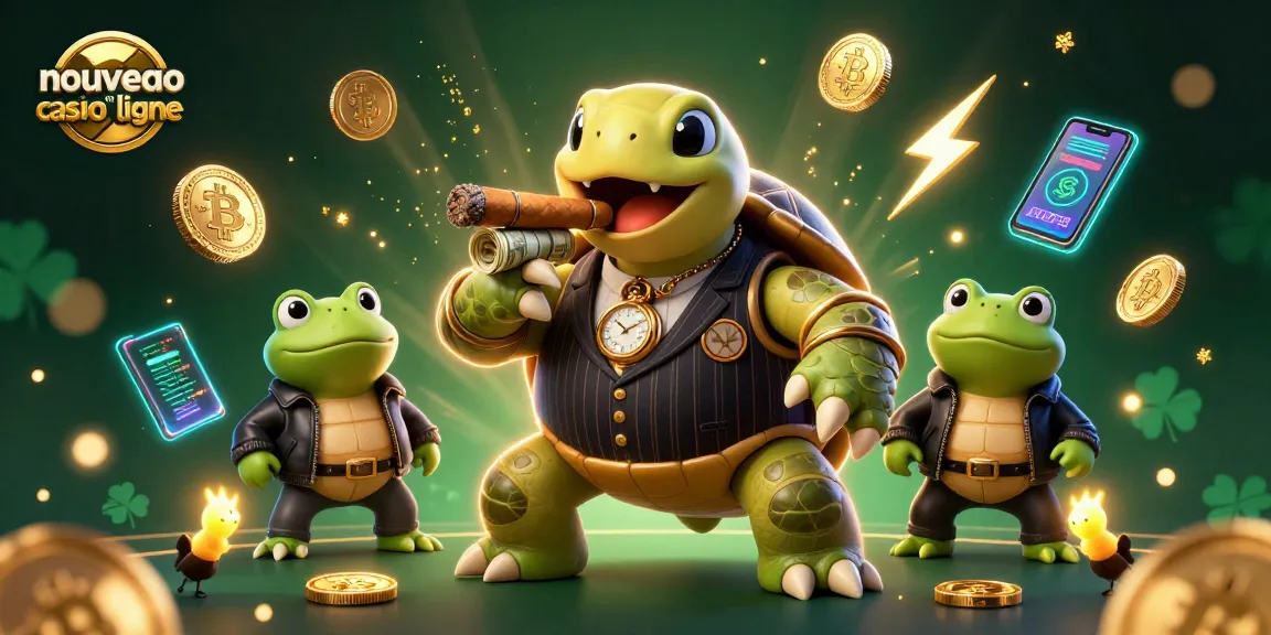 Illustration dynamique d'une tortue massive en costume de gangster, représentant un nouveau casino en ligne rempli de surprises