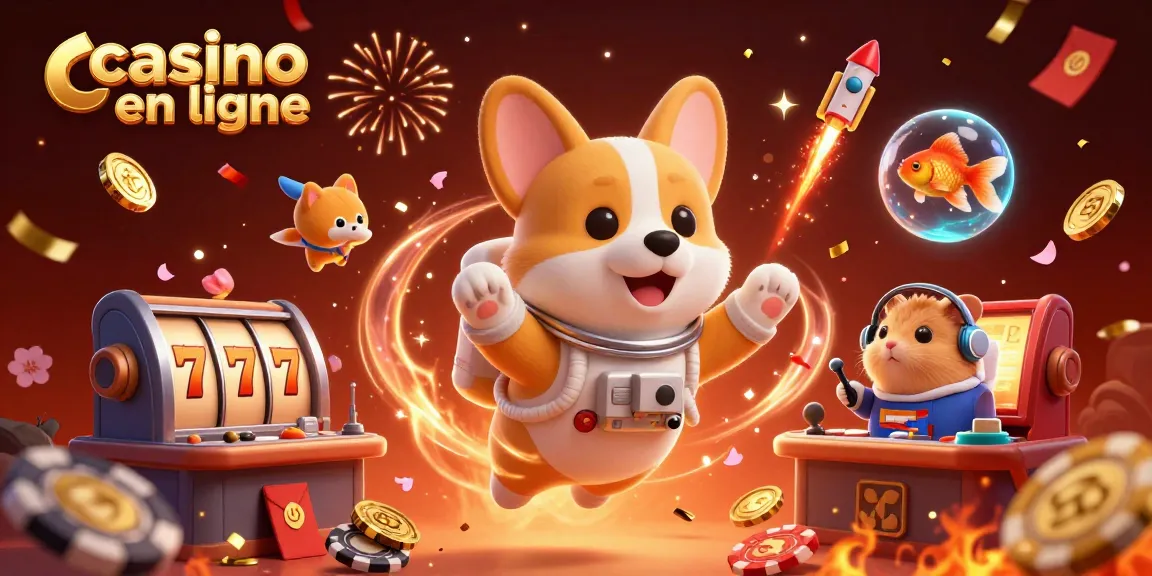 Scène dynamique illustrant un casino en ligne avec un corgi astronaute, jetons de poker et confettis.