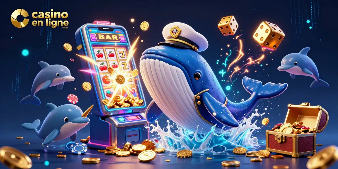 Illustration d'un casino en ligne France avec une baleine et un narval entourés de jetons et de machines à sous.