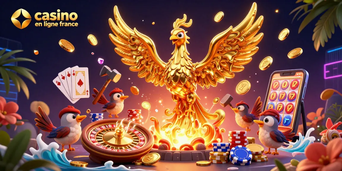 Personnage central représentant un casino en ligne France avec un phénix doré émergeant d'une forge, accompagné de pièces et jetons étincelants.