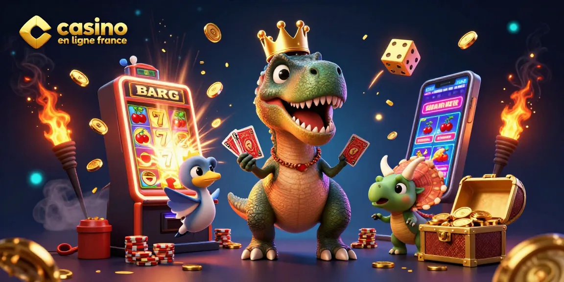 Faites une partie de casino en ligne France avec un dinosaure amical distribuant des cartes sous des explosions de jackpots.
