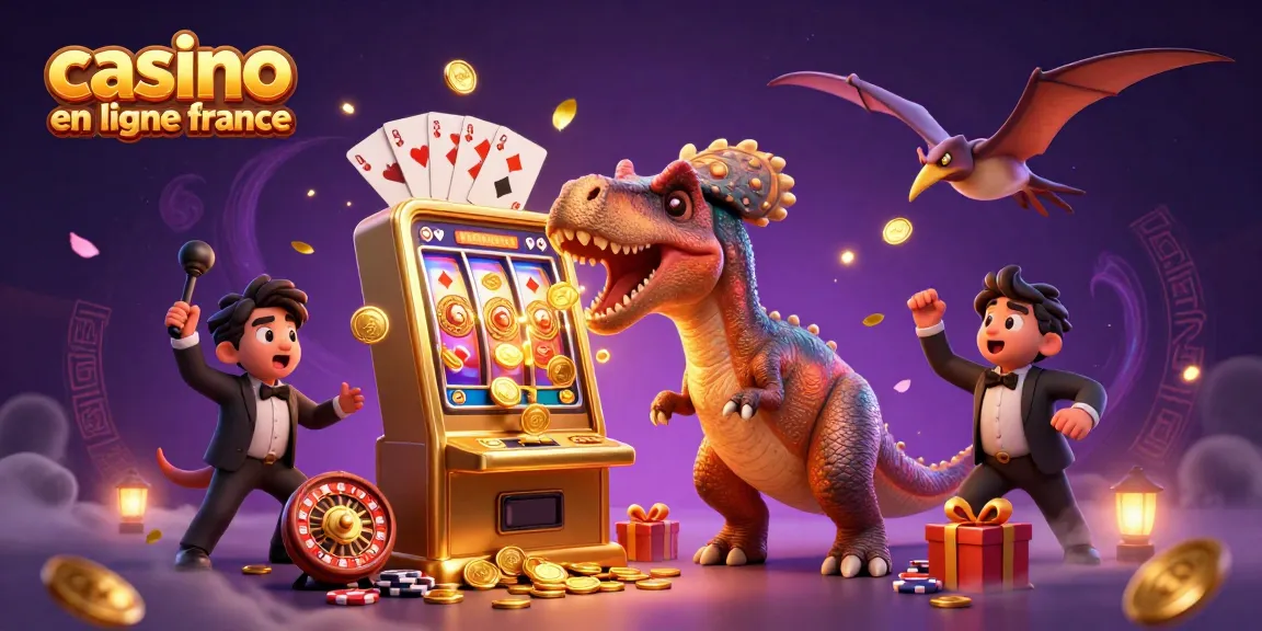 Illustration dynamique de casino en ligne France avec des dinosaures et des machines à sous dorées.