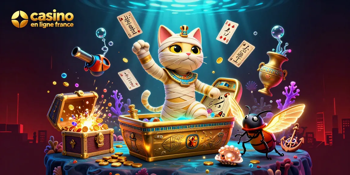 Lancez-vous dans l'univers du casino en ligne France avec cette illustration captivante d'un chat momie égyptien.