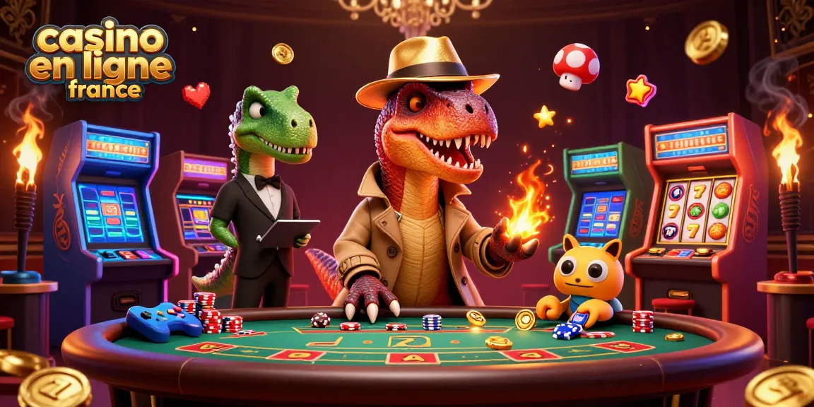 Casino en ligne France : illustration dynamique d'un velociraptor jouant au blackjack avec une ambiance de casino colorée.