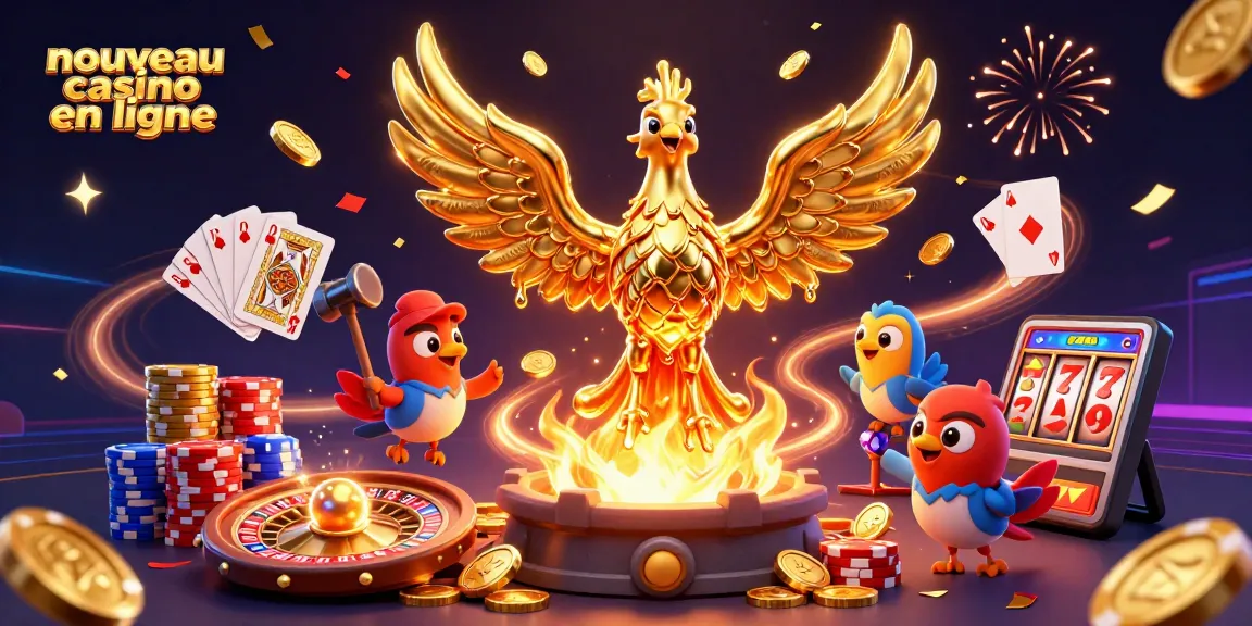 Illustration d'un nouveau casino en ligne avec un phénix doré émergeant d'un four et des pièces volantes.