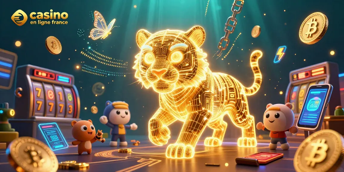 Illustration d'un tigre doré en néon dans un casino virtuel, avec des pièces de Bitcoin et Ethereum. Casino en ligne France.