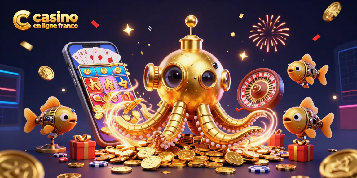 Jouez à casino en ligne France avec une scène animée de kraken doré au milieu de pièces d'or et de jeux de casino.