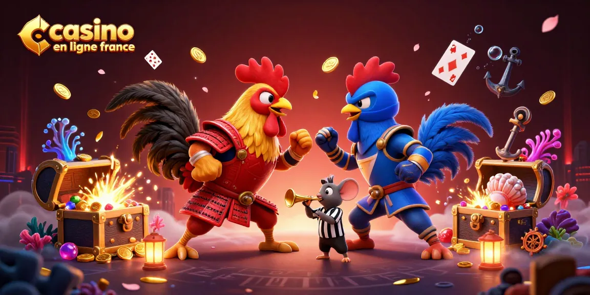 Jouez à casino en ligne France avec des coqs combattants et des éléments de jeu captivants.