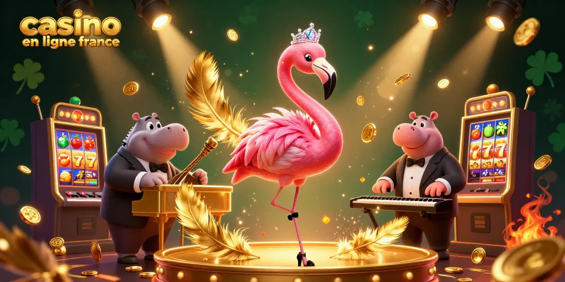 Visuel des jeux de casino en ligne France, présentant un flamant rose chanteur et un hippopotame musicien.