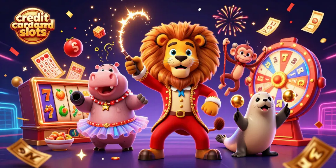 Engage with exciting credit card slots surrounded by animated characters and vibrant casino elements.