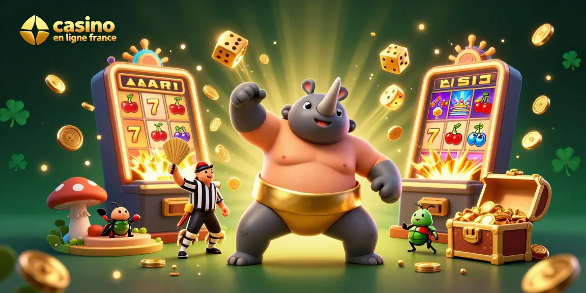 Illustration dynamique de casino en ligne France avec un rhinocéros héros et loterie de jetons dorés